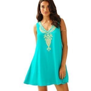 Lilly Pulitzer Owen Trapeze Dress Teal Green Gold Pockets